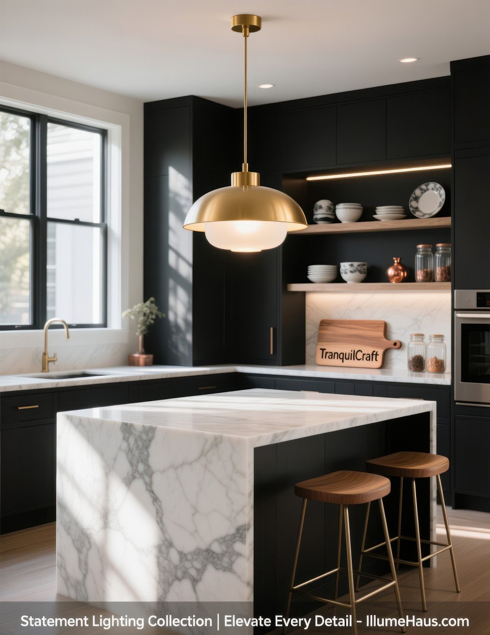 Gold pendant light glowing above marble island with black cabinets and open shelves in modern kitchen