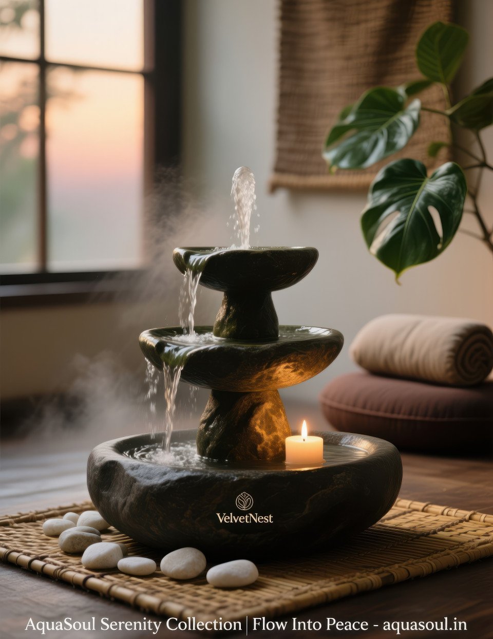 River stone fountain with flowing water on bamboo mat surrounded by candles and plants in meditation corner