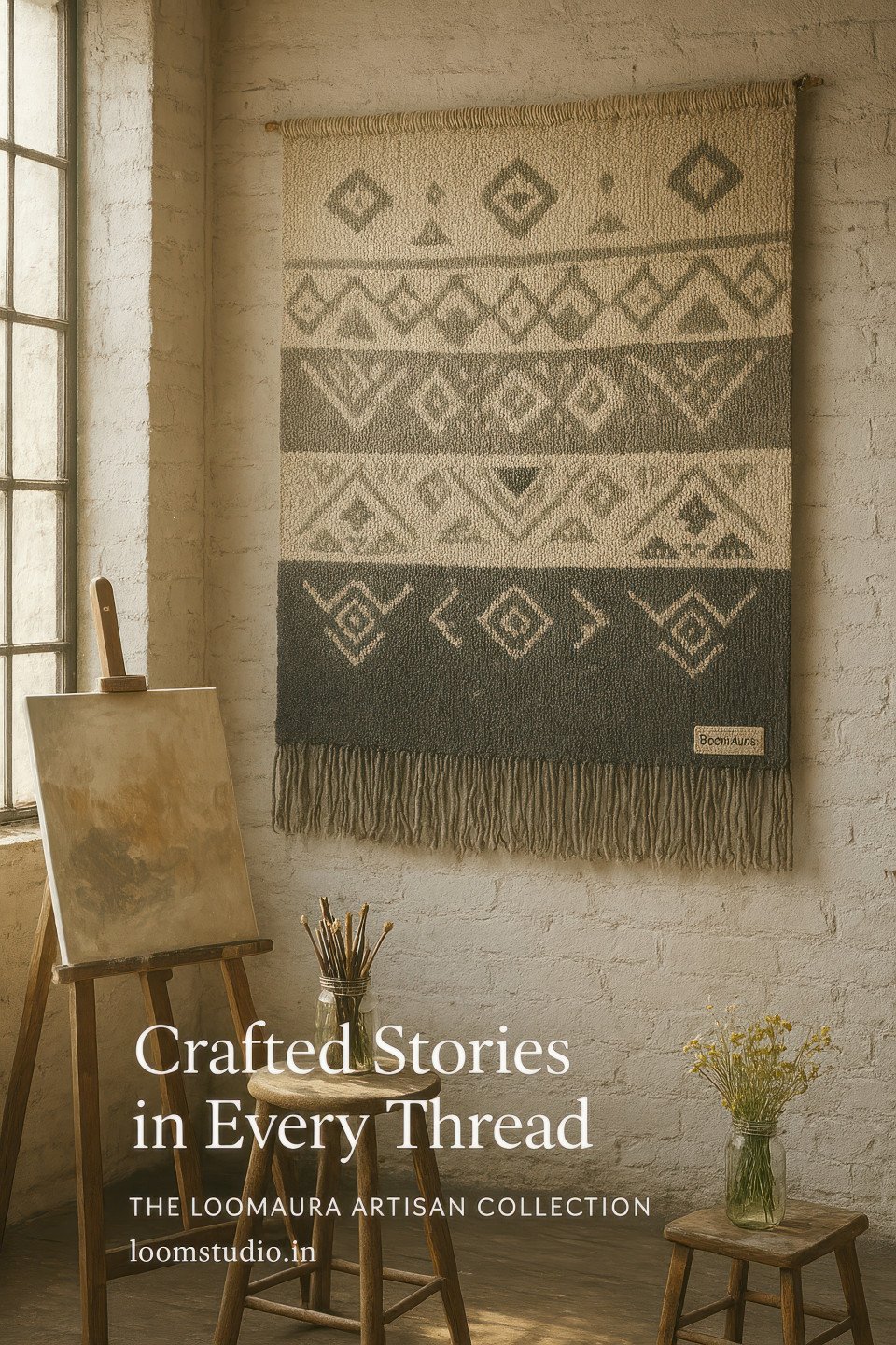 Neutral toned tribal tapestry hanging in rustic studio with easel