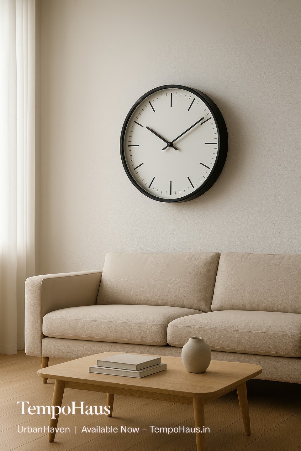Sleek wall clock on white feature wall above scandinavian sofa with soft daylight