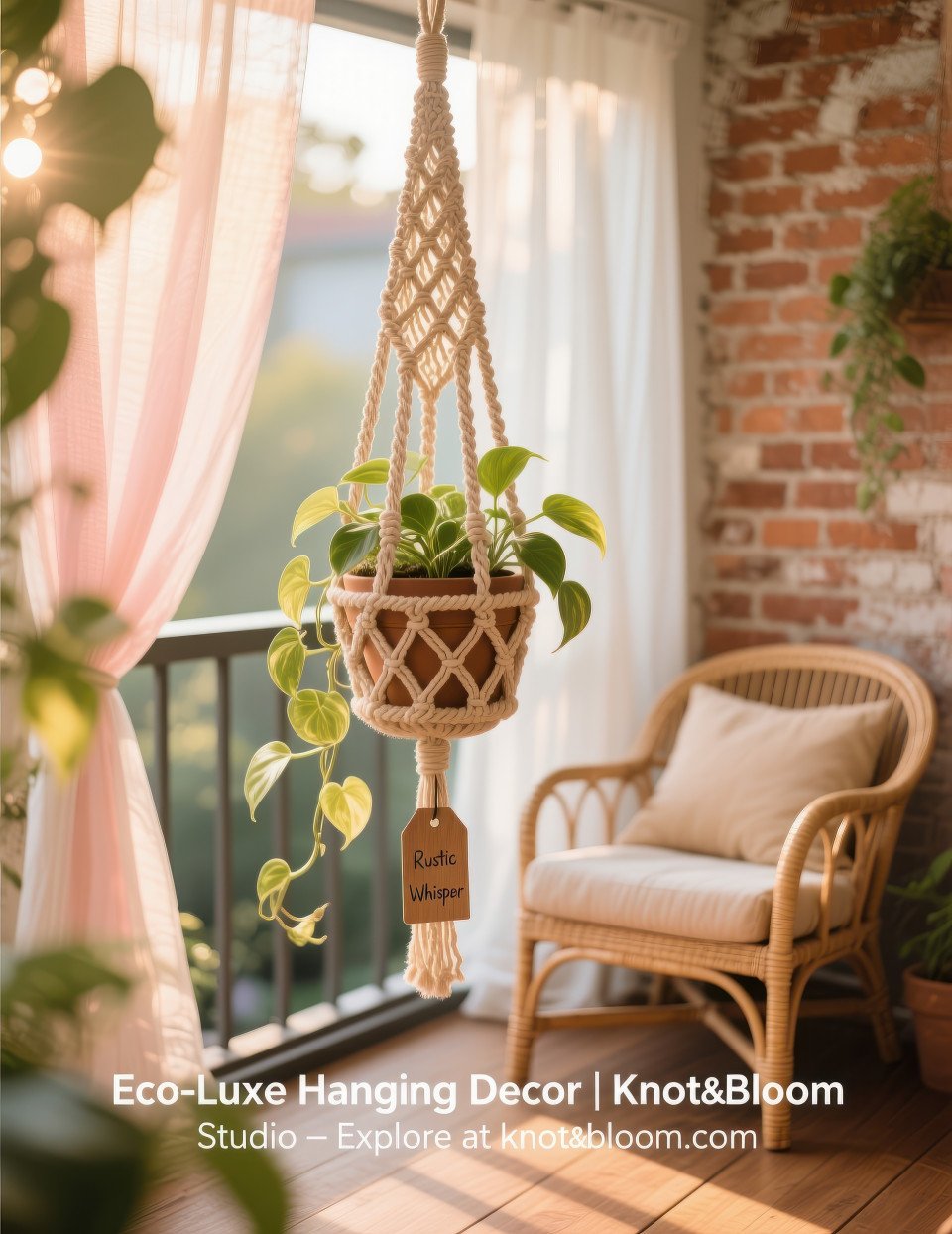 Woven macramé planter with green trailing plant hanging on rustic balcony with brick wall and golden sunlight