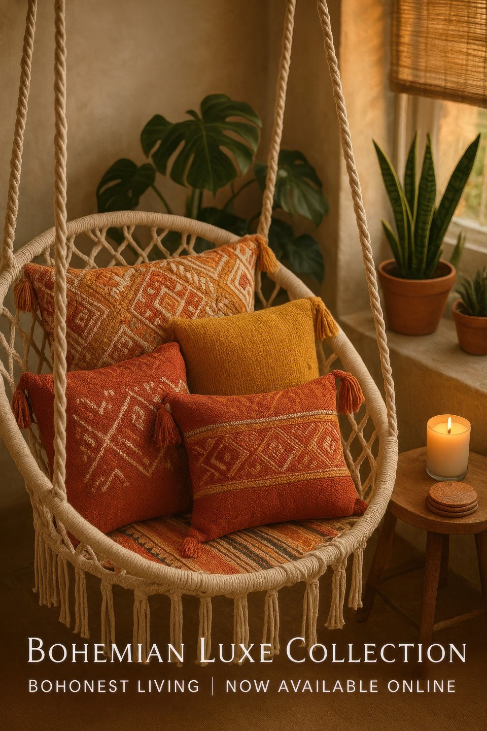Colorful boho cushions with tassels on swing chair in cozy patio nook with plants and warm light