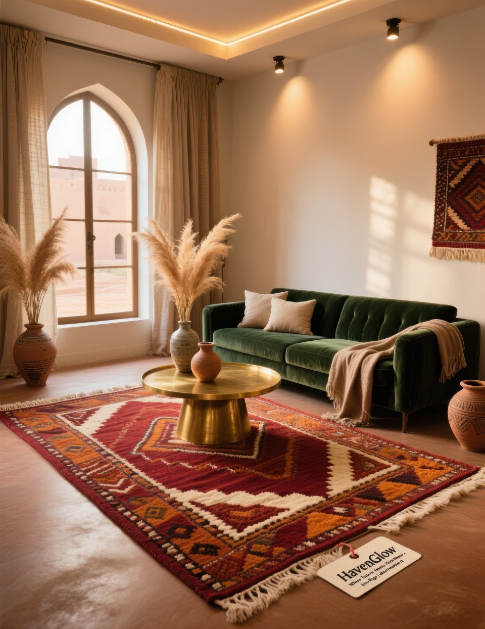 Rich berber rug with terracotta and cream tones in living room with velvet sofa