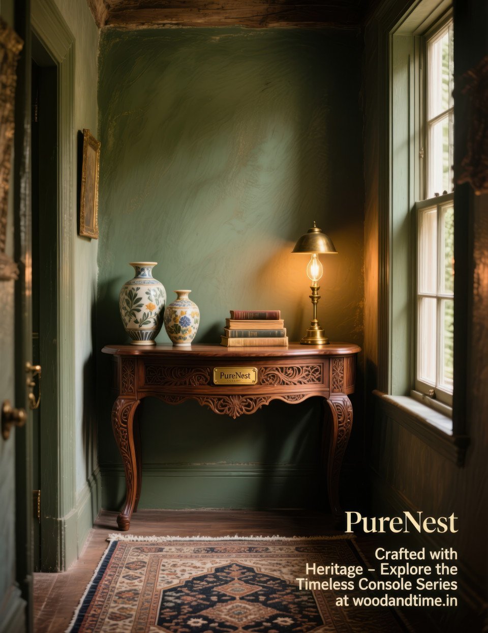 Hand carved wooden console with ceramic vases