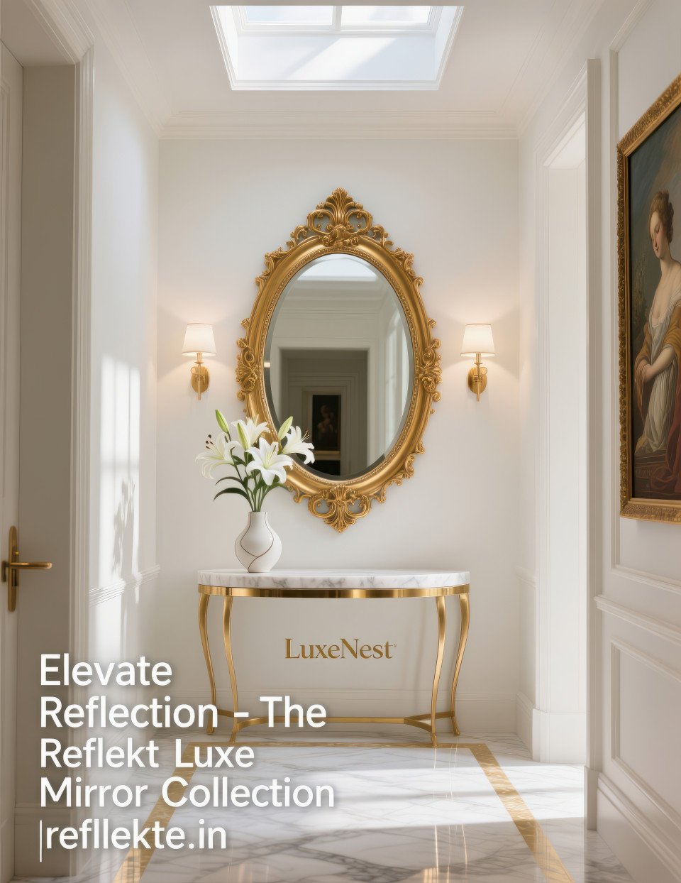 Oval mirror with gold frame above console table with lilies reflecting bright hallway in modern classic style
