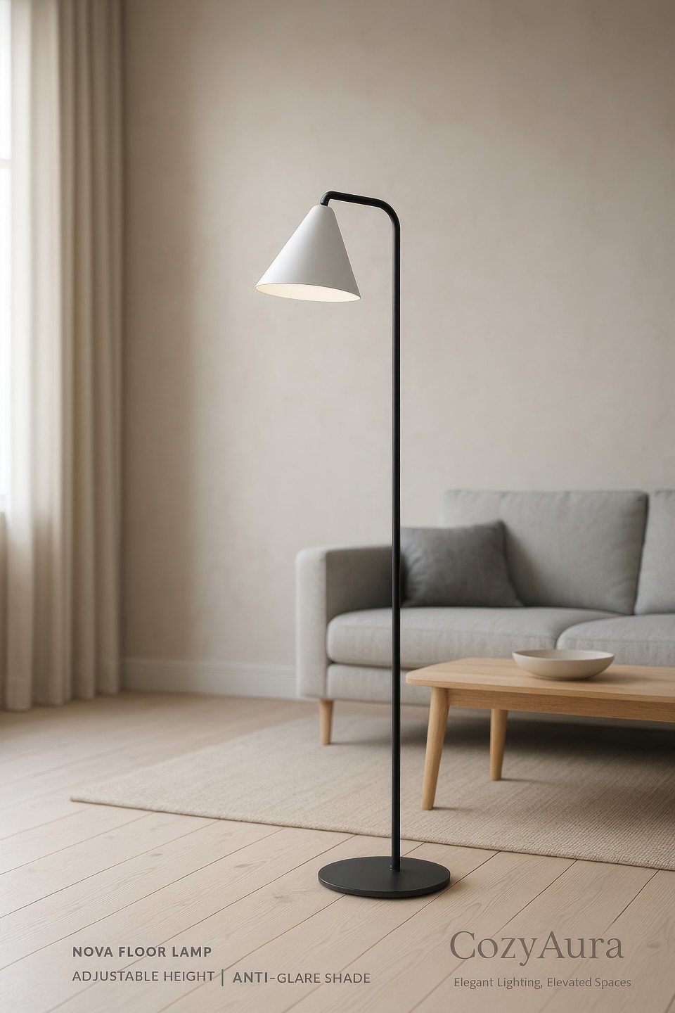 Sleek wall clock on a textured white wall above a beige scandinavian sofa