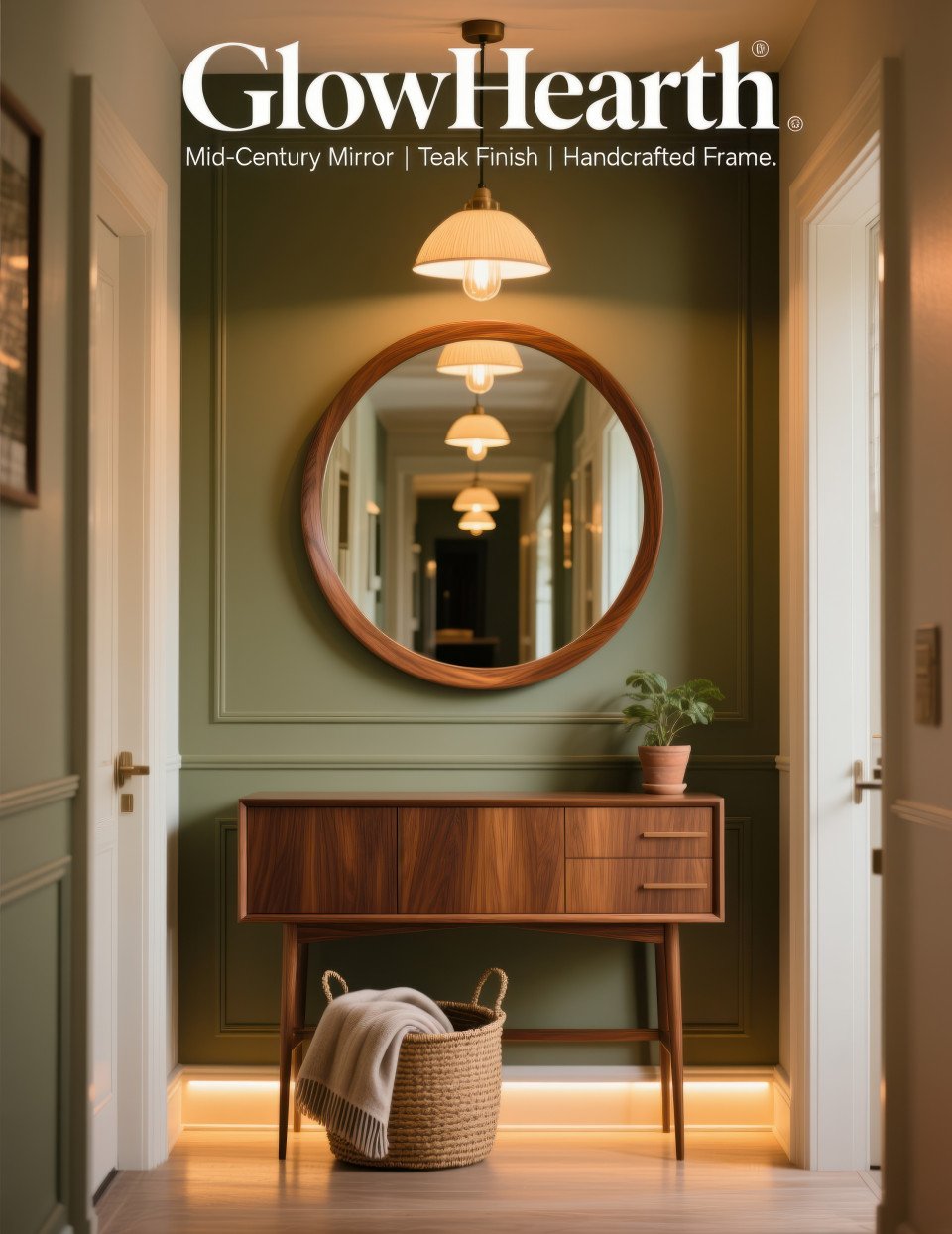 Oval gold framed mirror above marble console with white lilies