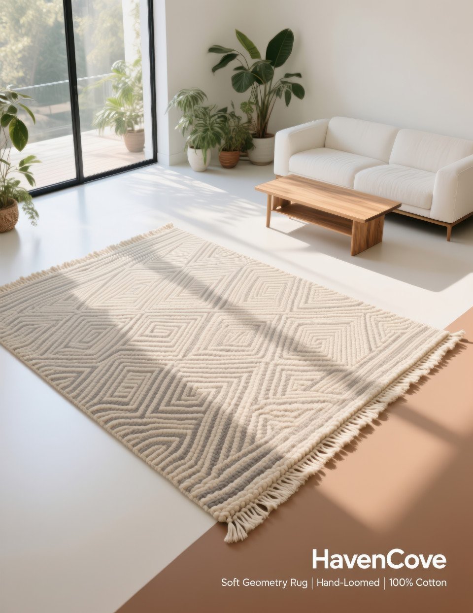 Geometric tapestry in neutral tones hanging on brick wall with easel