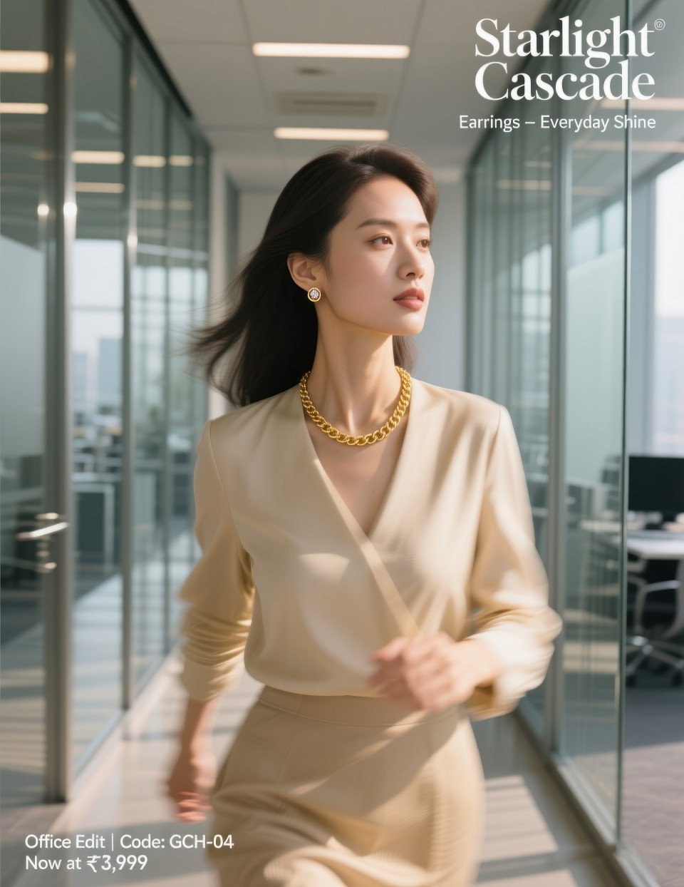 Professional woman walking in office corridor wearing simple gold chain and stud earrings in sunlight