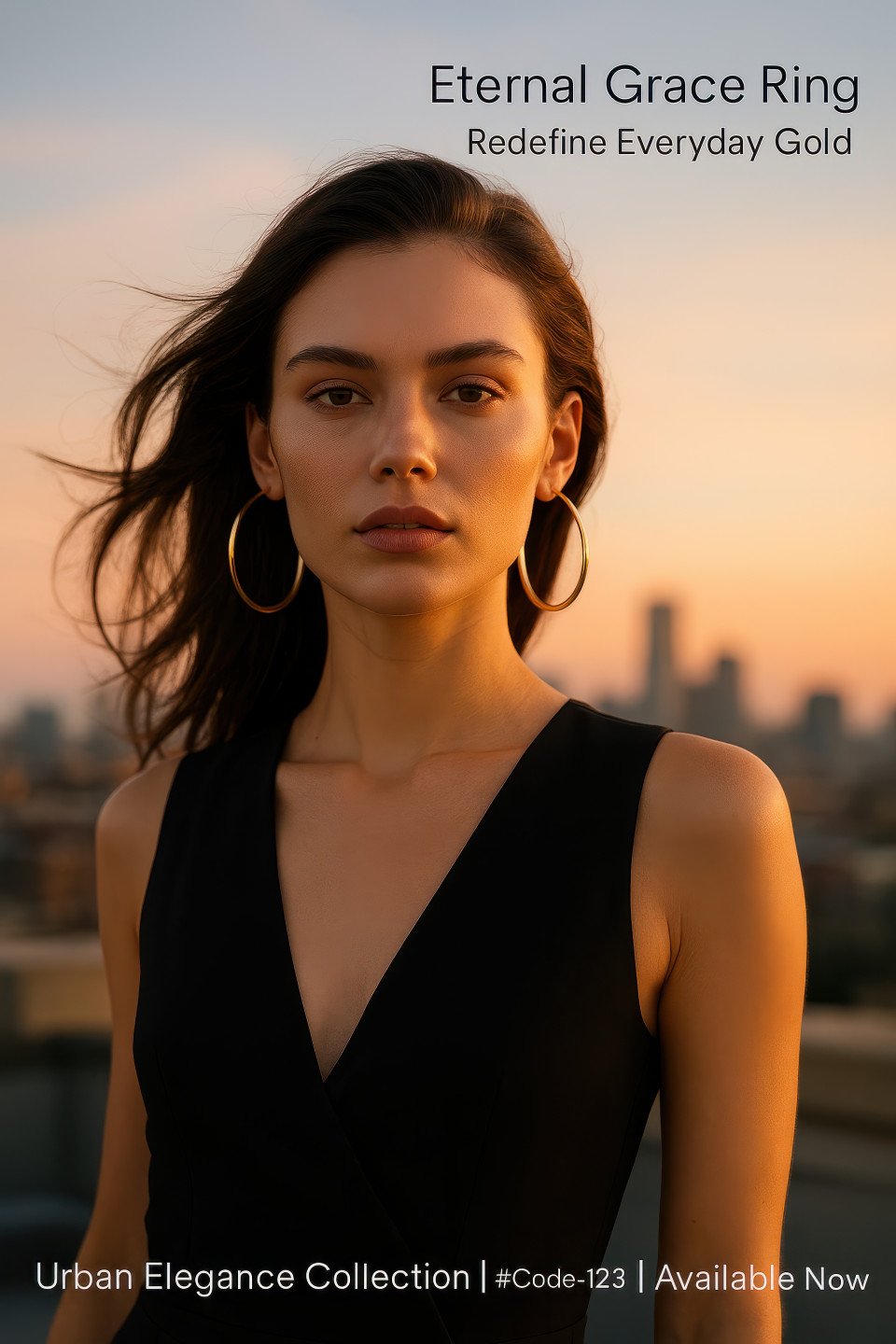 Young model in black jumpsuit wearing large gold hoop earrings on rooftop lounge at sunset with city skyline