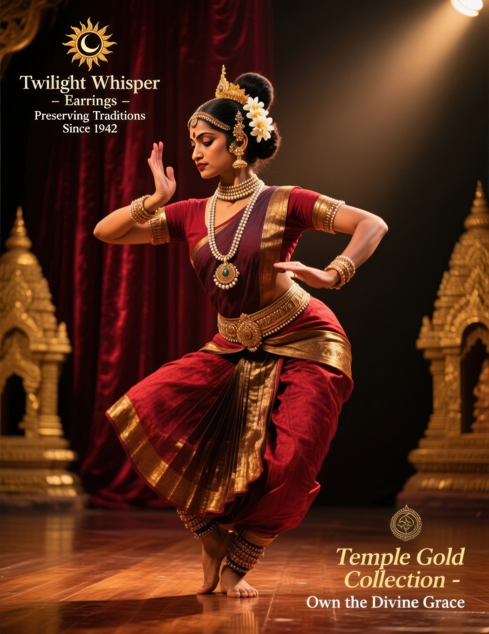 Classical bharatanatyam dancer mid pose adorned with antique gold jewelry under stage lights with temple vibe