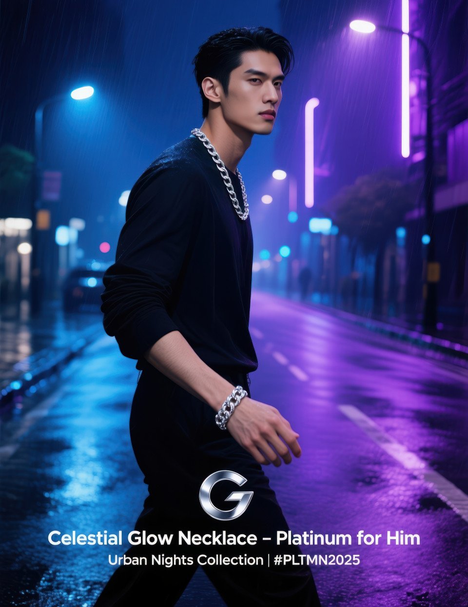 Stylish man wearing platinum chain and bracelet walking under neon city lights at night with modern urban mood