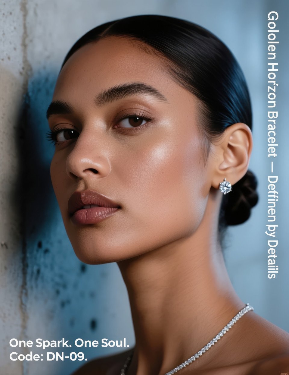 Close up of model face with solitaire diamond nose pin sparkling under soft light against gray blue wall