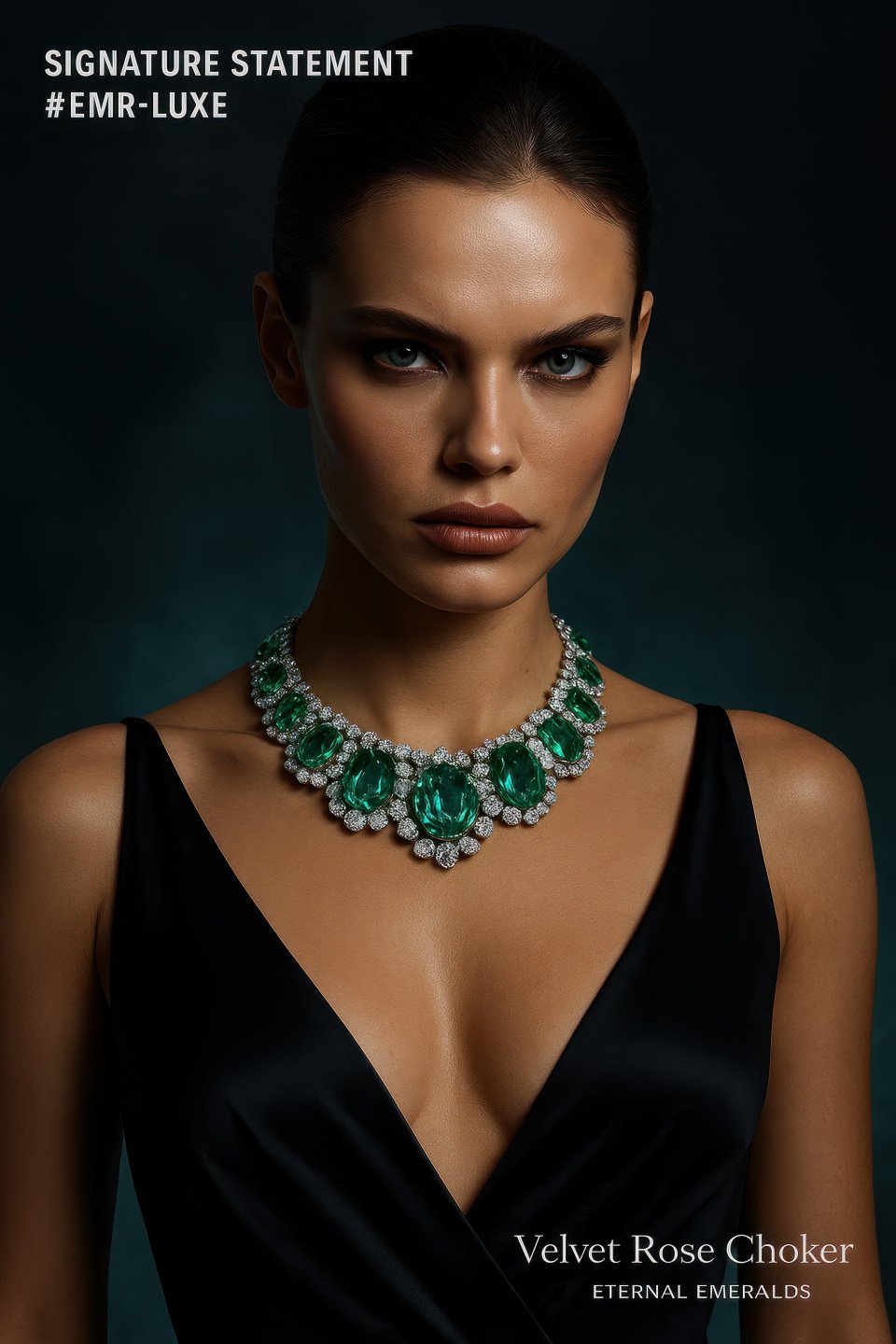 Luxury model in satin gown wearing bold emerald necklace against dark smoky backdrop with gemstone sparkle