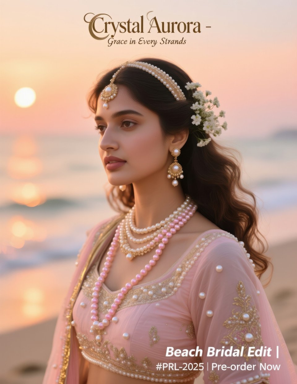 Bride in pastel lehenga with pearl necklace