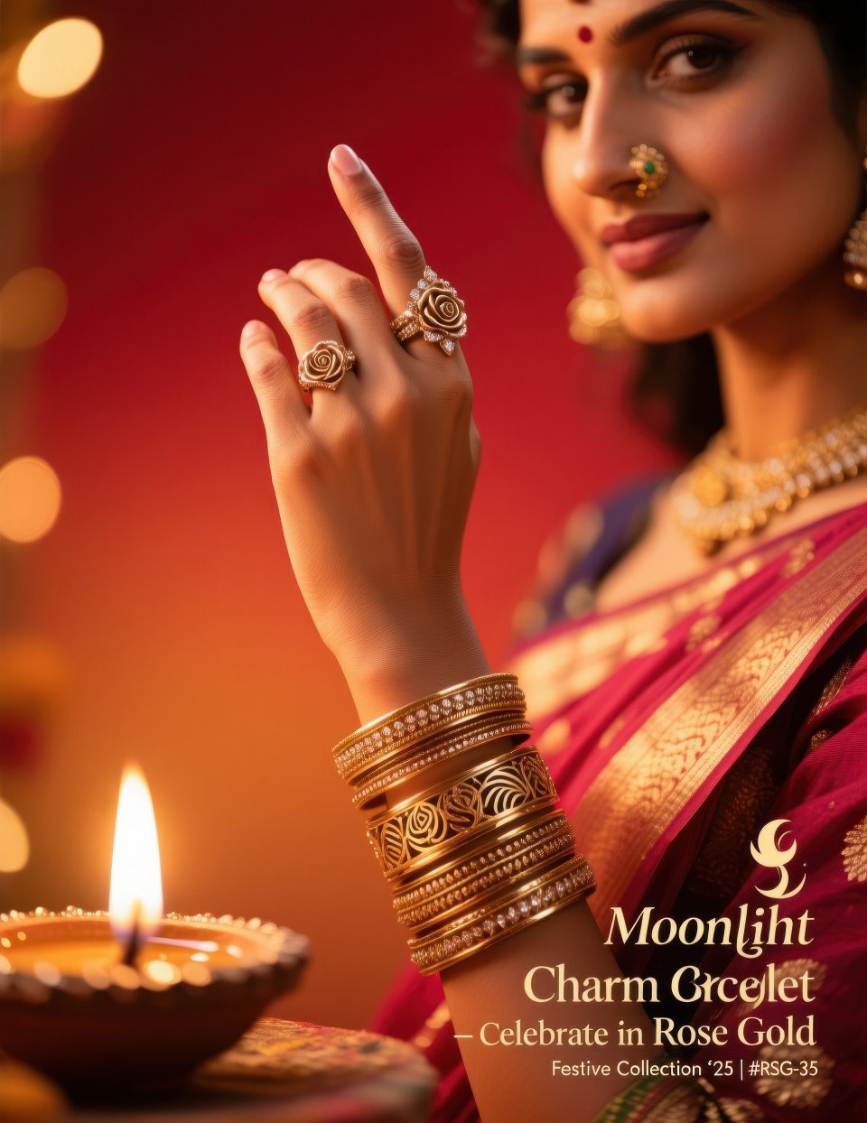 Woman in saree raising hand with rose gold bangles and rings glowing under festive diya lights