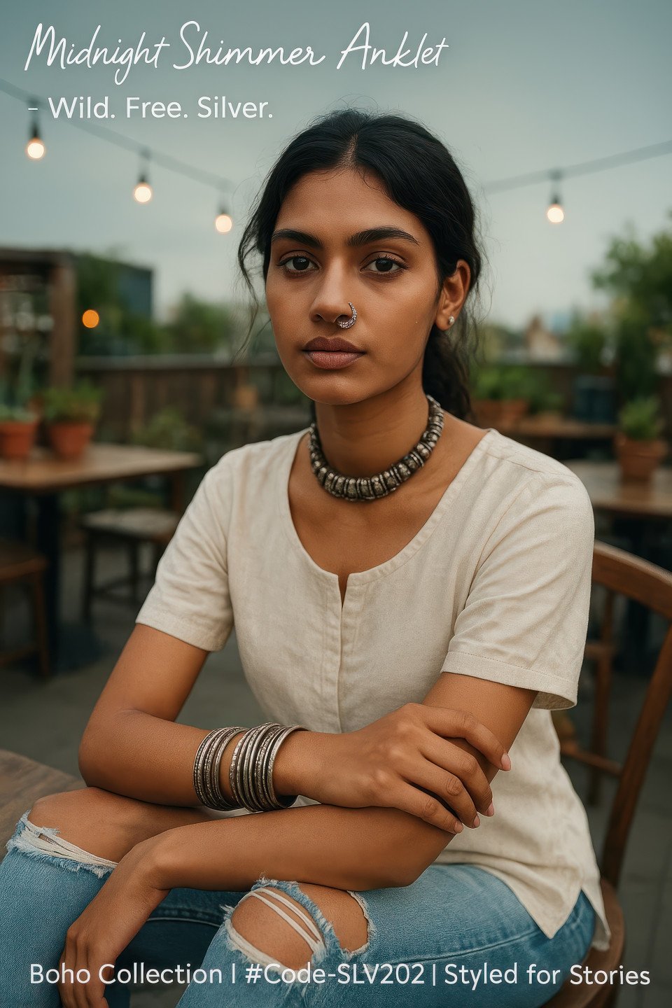 Young woman in casual kurti and jeans wearing oxidized silver choker
