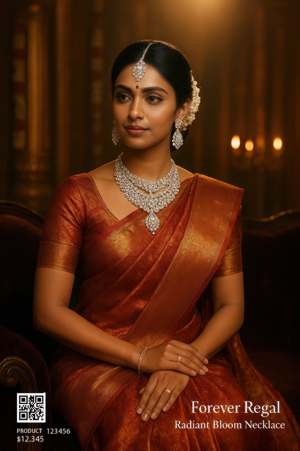 South indian bride in silk saree wearing diamond necklace