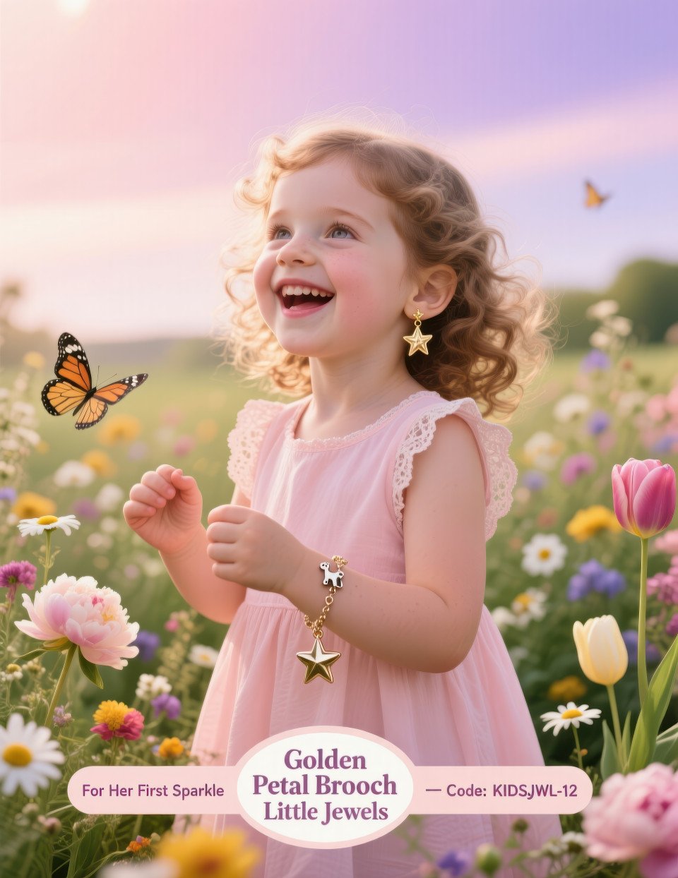 Little girl in pastel dress with gold earrings and charm bracelet playing in garden with flowers and butterflies