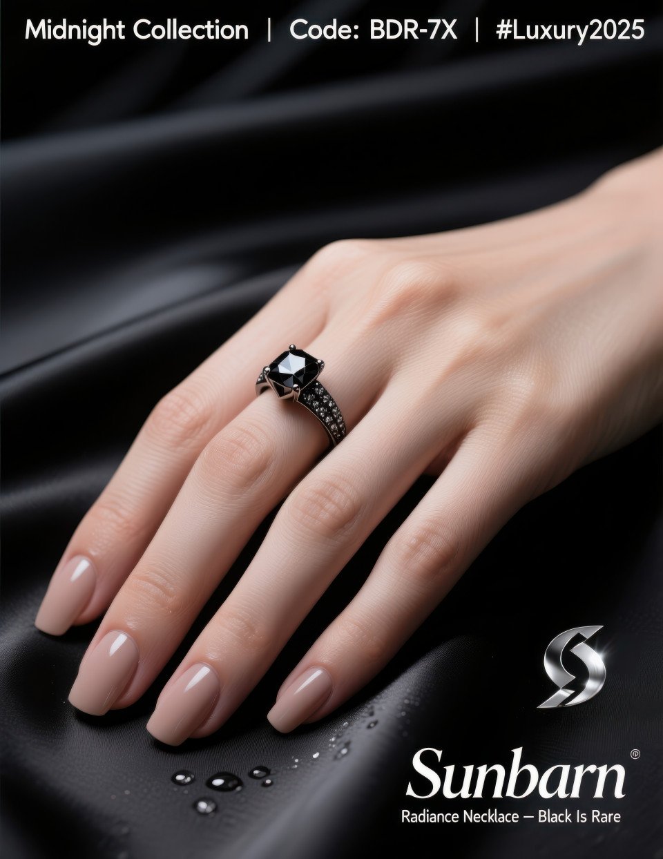 Black diamond ring on graceful hand with nude nails posed on satin fabric under spotlight