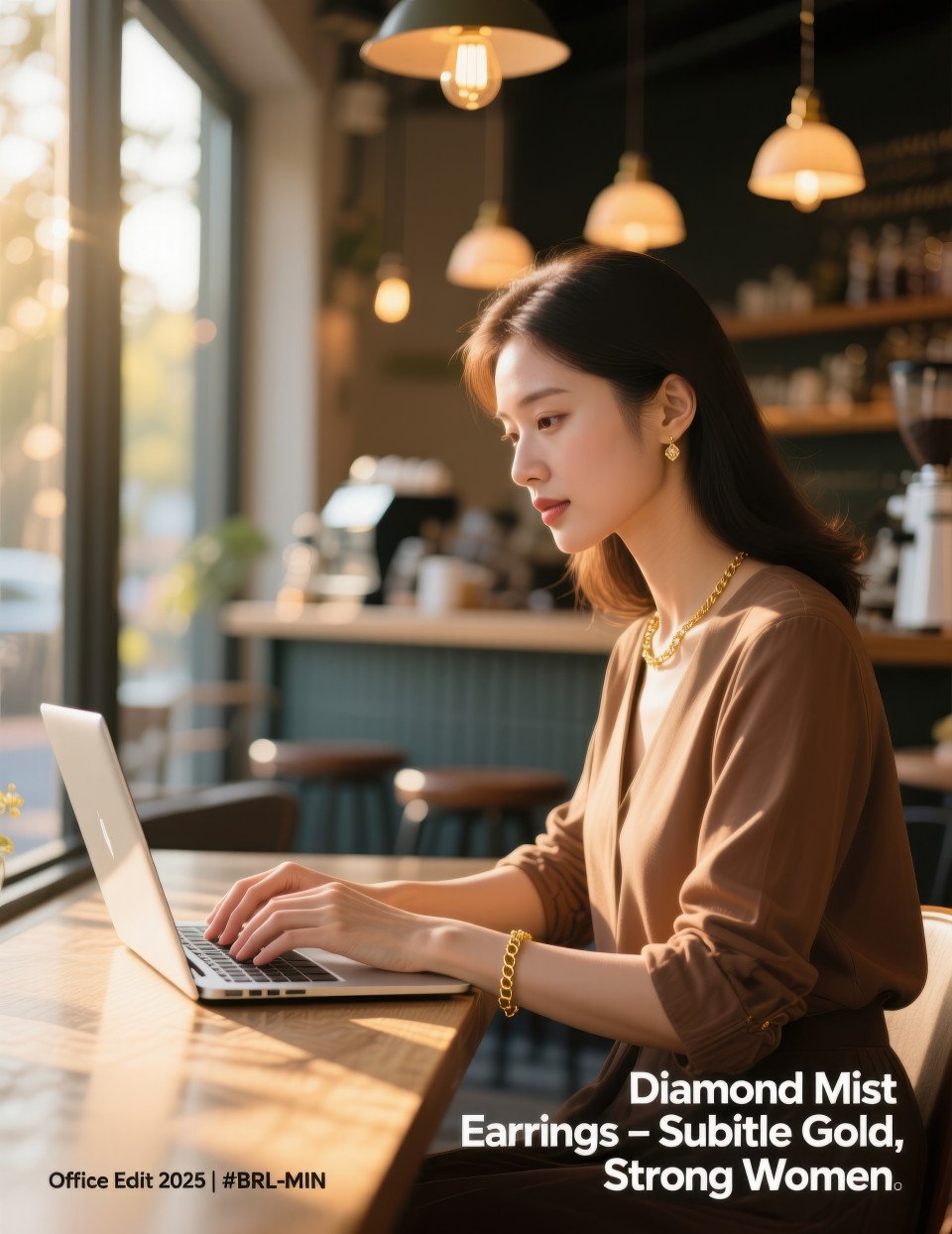 Woman typing on laptop at sunny café window wearing simple gold bracelet in soft light