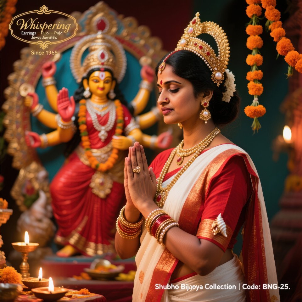 Bengali woman in red white saree with gold neckpieces and bangles before durga idol in temple light
