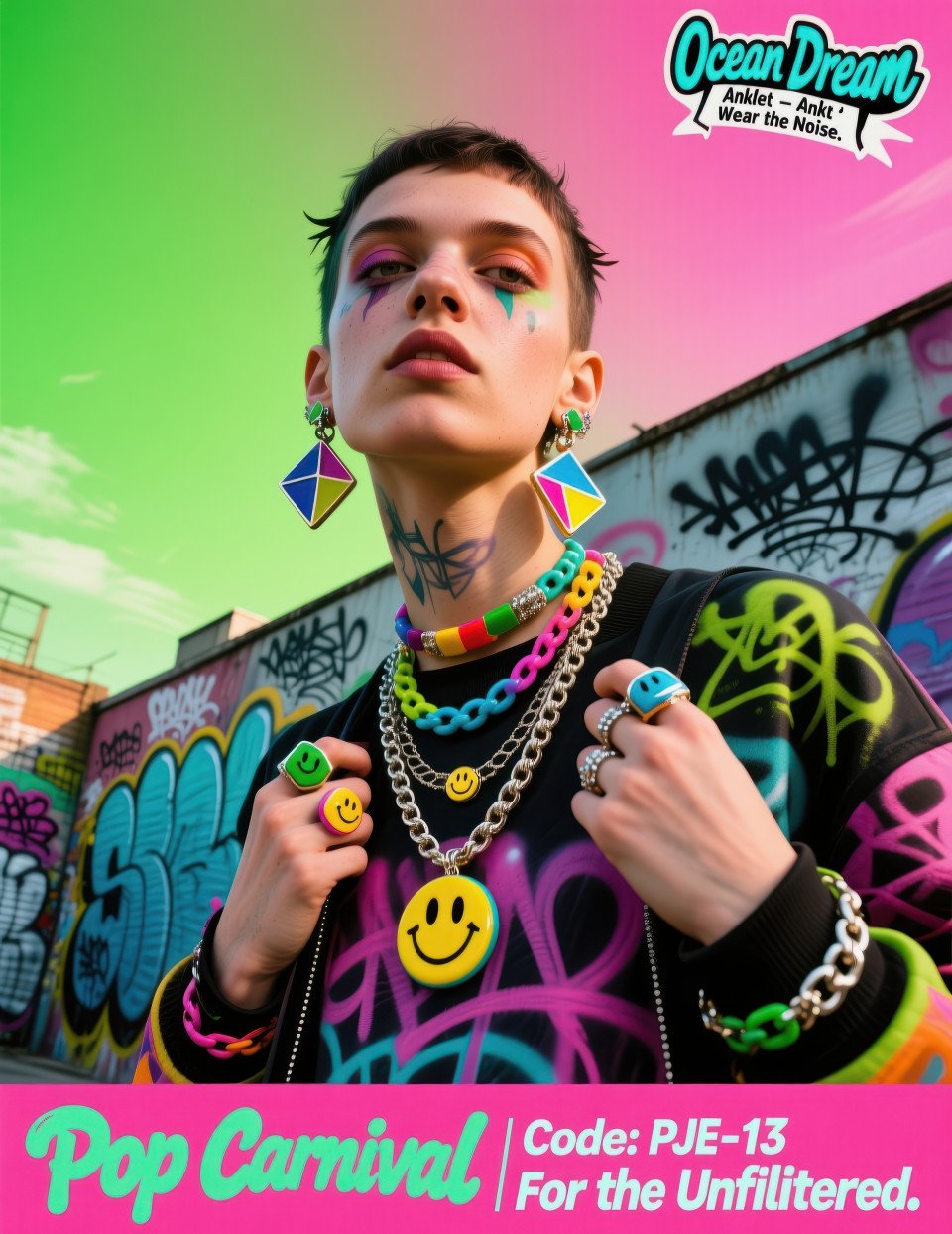 Young model in colorful enamel earrings