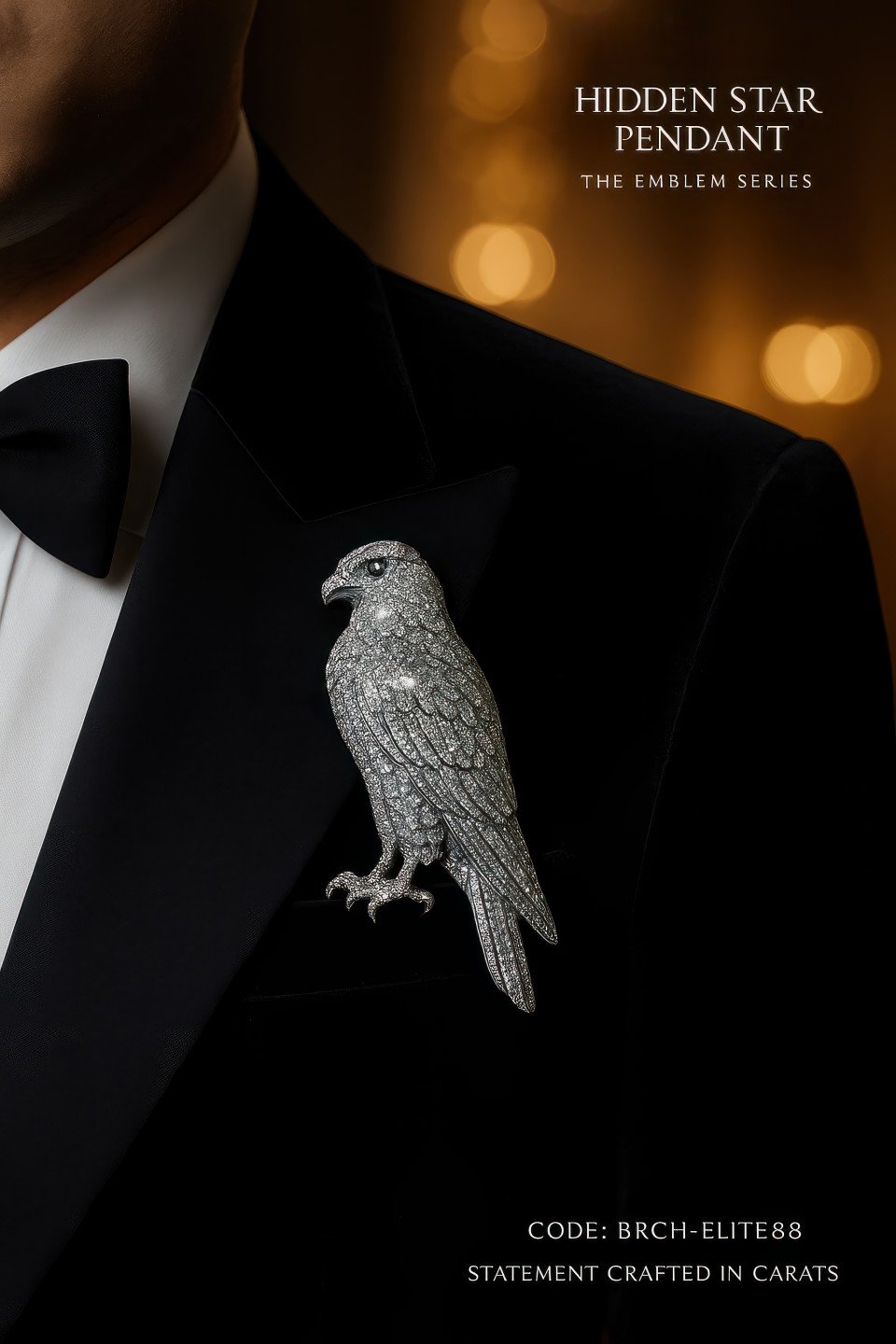 Close up of tuxedo lapel with diamond studded falcon brooch glowing under ballroom lights showing regal masculine style