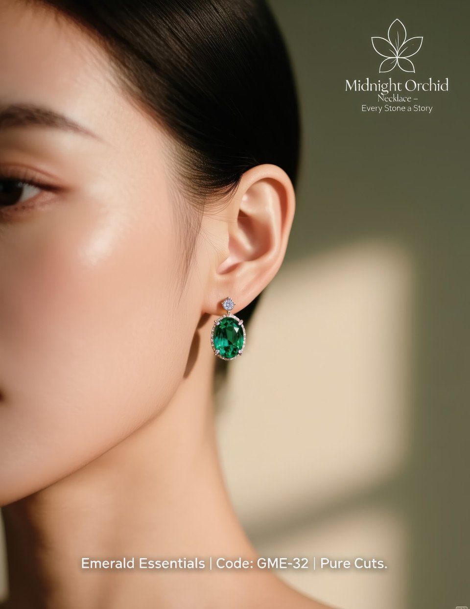 Elegant close up of woman’s ear wearing oval emerald stud earrings with gemstone sparkle and soft natural light