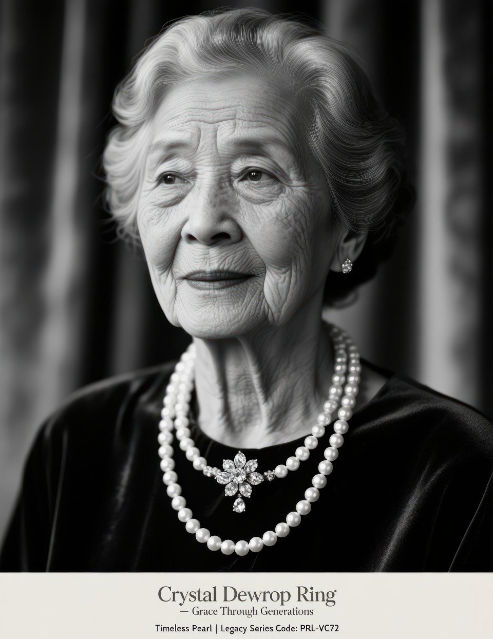 Graceful elderly woman in spotlight wearing vintage pearl choker with diamond floral clasp showing timeless style