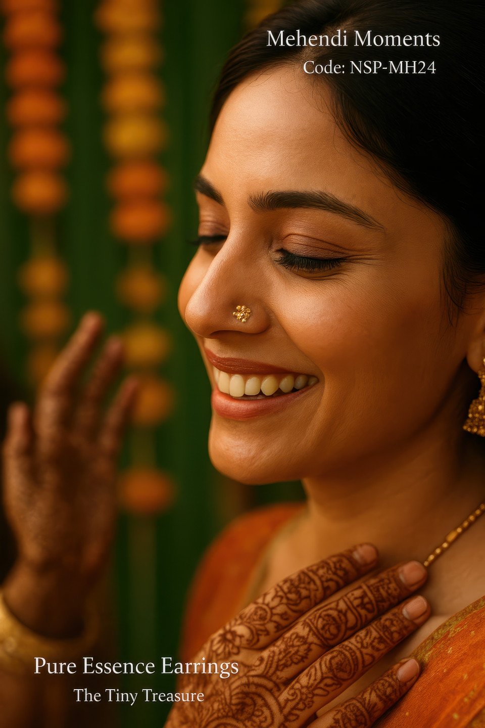 Smiling bride at mehendi with tiny floral gold nose pin glowing in warm light surrounded by marigold decor and friends