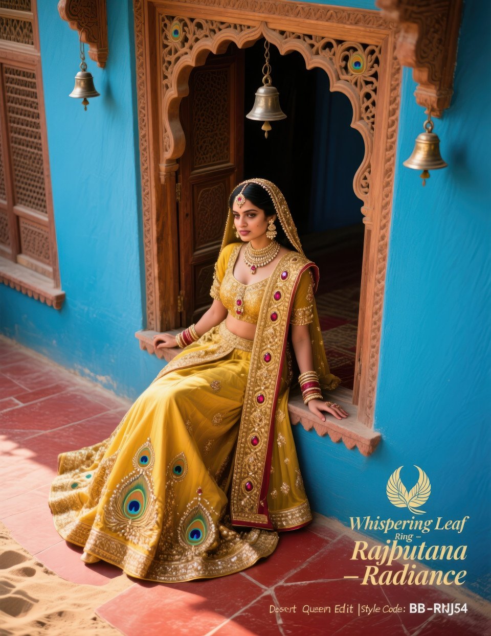Bride in haveli courtyard leaning on jharokha frame showing gold bajuband with peacock motifs under sunlight