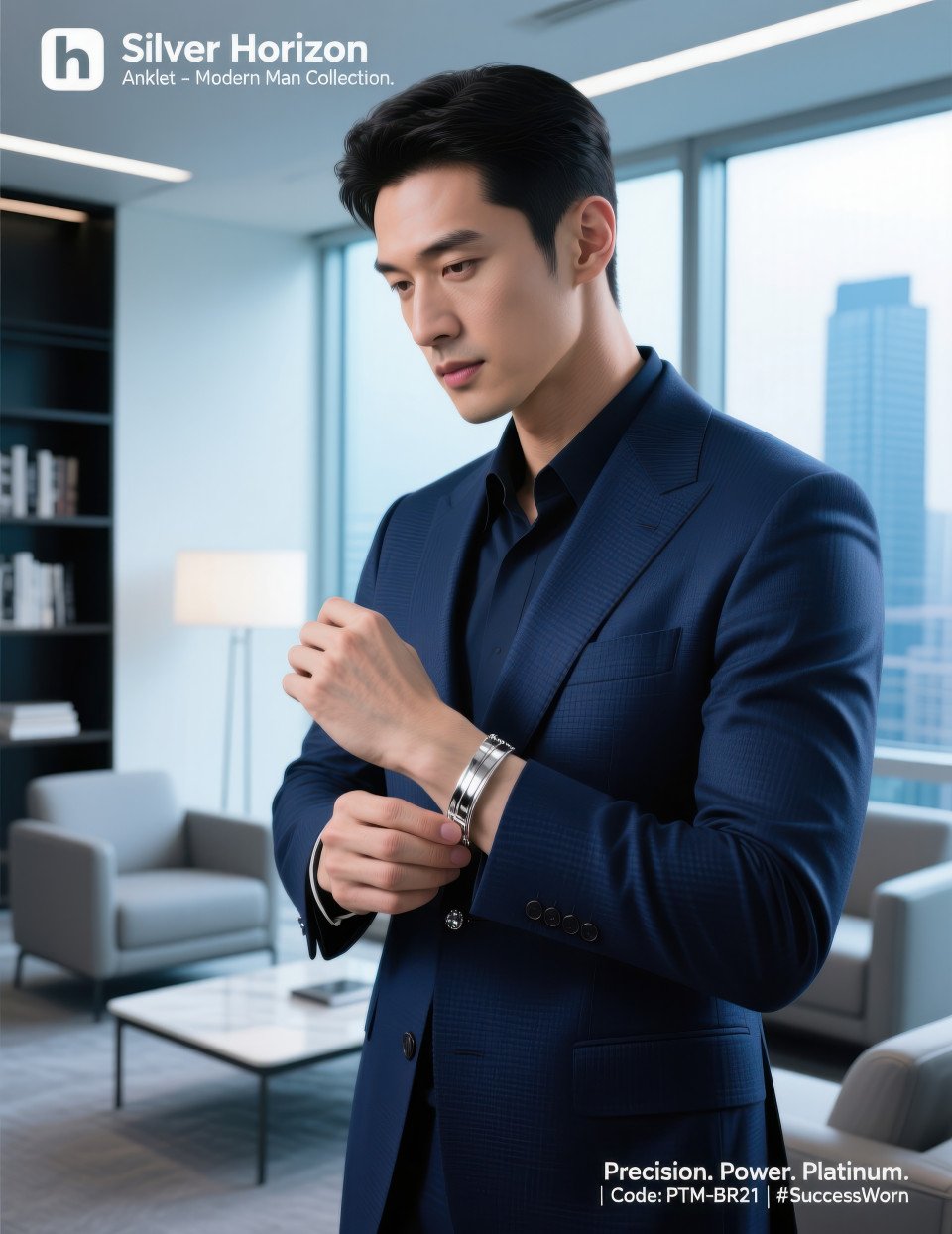 Businessman in navy suit adjusting cuff in office lounge wearing solid platinum bracelet with brushed metal finish