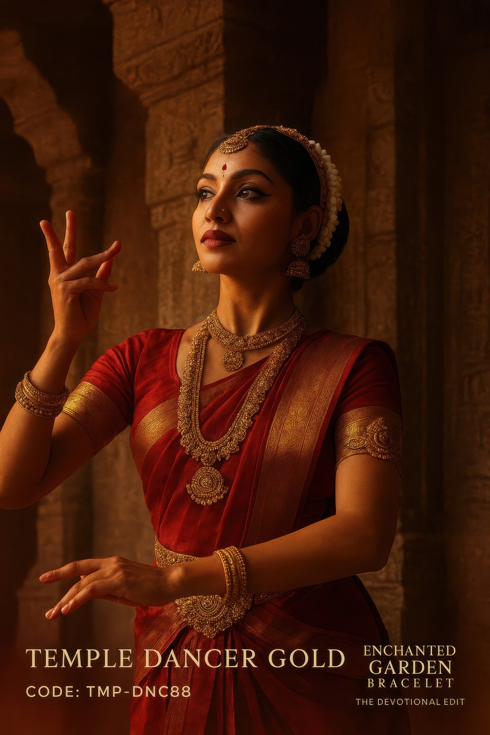 Classical dancer mid pose by temple pillar wearing ornate south indian jewelry vanki armlet belt haaram and sun moon earrings