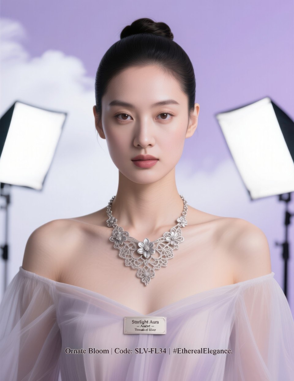 Model in off shoulder dress wearing delicate silver filigree necklace with floral detail