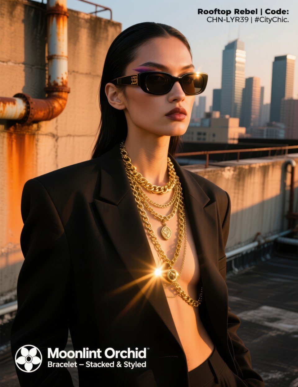 Bold model in golden hour light wearing layered gold chains on rooftop