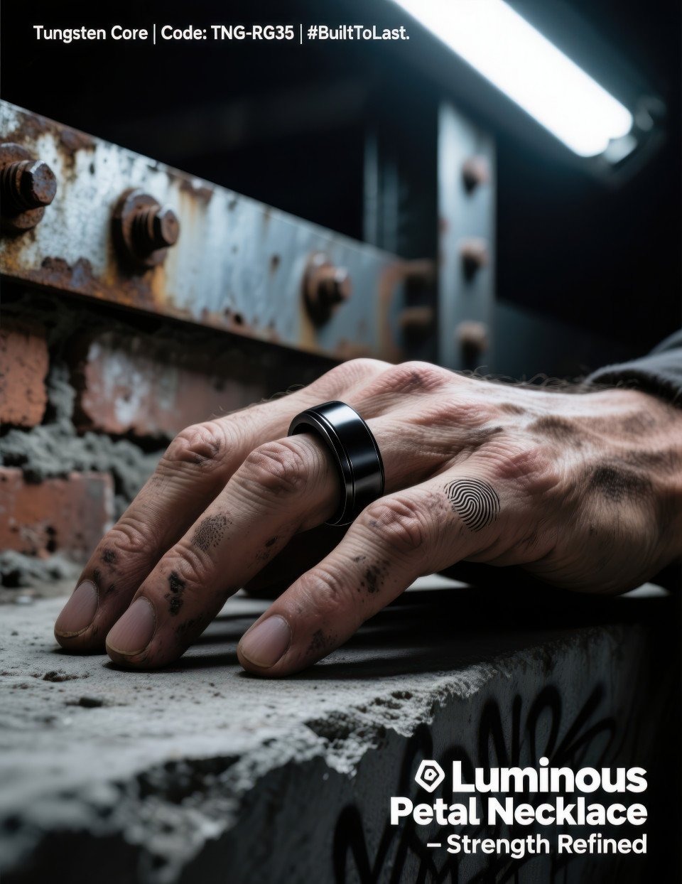 Masculine hand on concrete surface wearing black tungsten ring