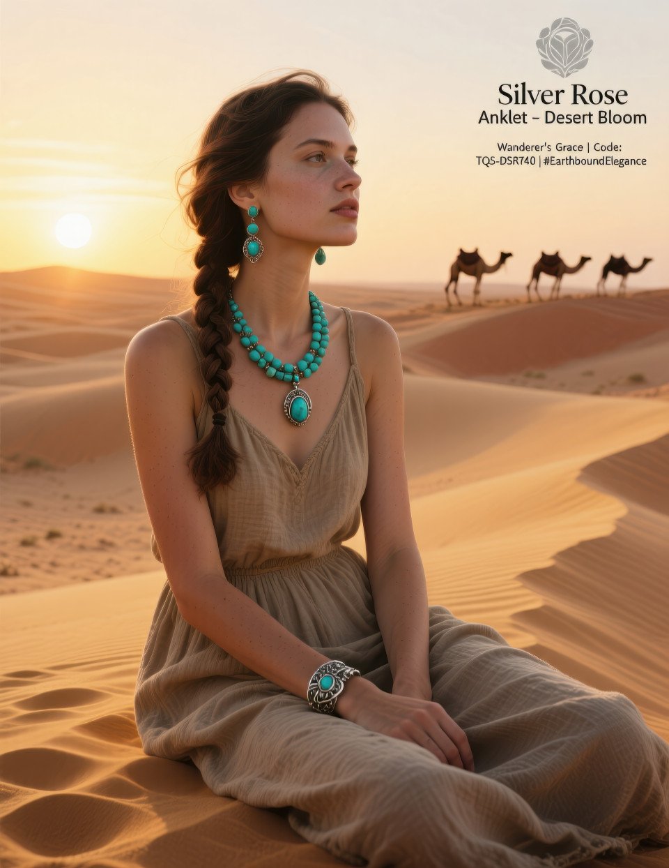 Woman in desert sunset wearing turquoise bead necklace and earrings
