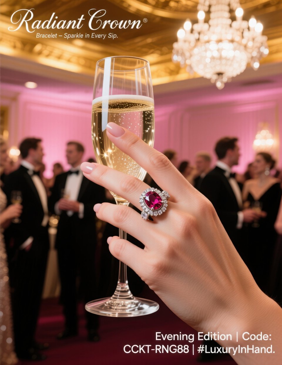Elegant woman holding champagne glass with ruby diamond cocktail ring at luxury gala