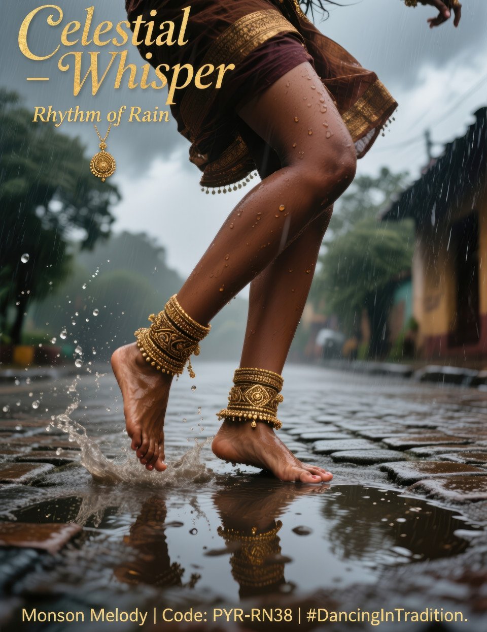 Barefoot girl splashing rain puddles wearing antique gold anklets