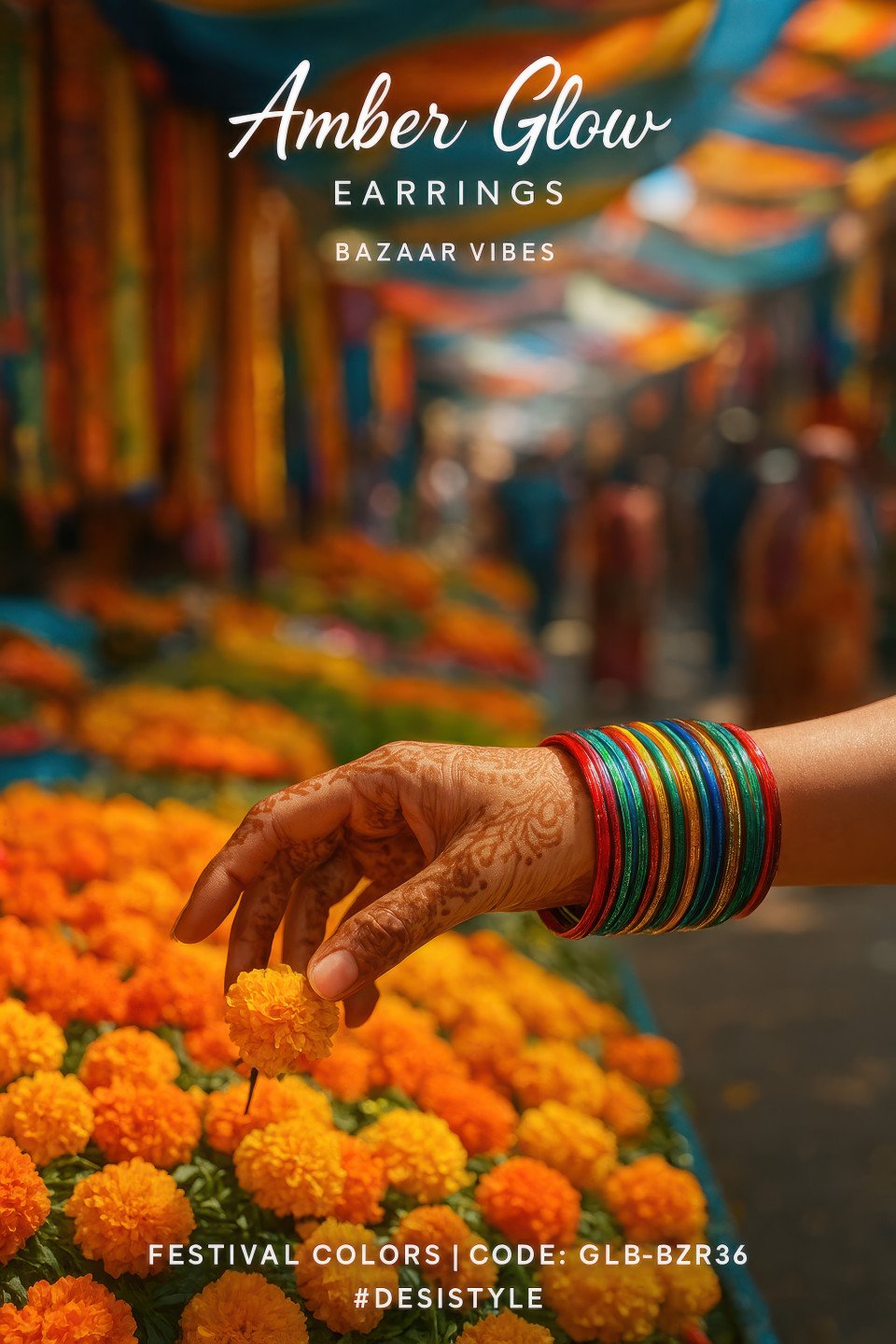 Woman with mehendi hand reaching for marigolds in market