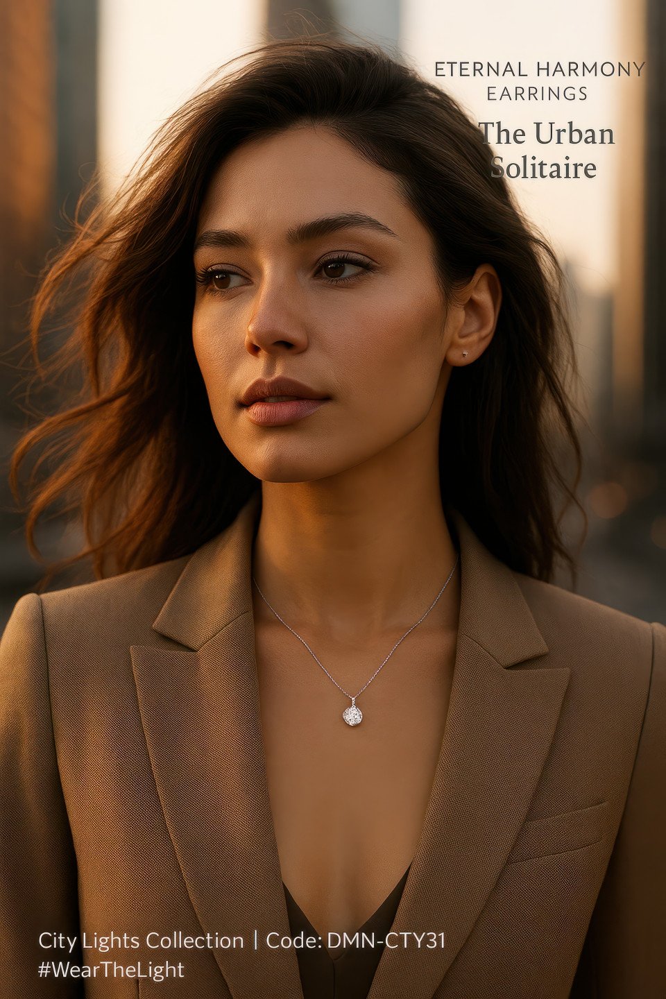 Stylish young woman in city wearing solitaire diamond pendant with chic blazer