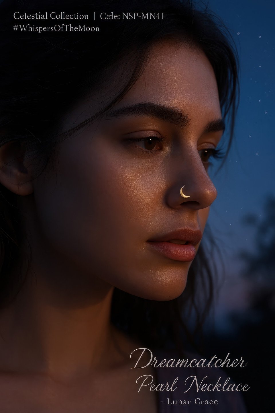 Young woman with crescent moon gold nose pin under twilight sky