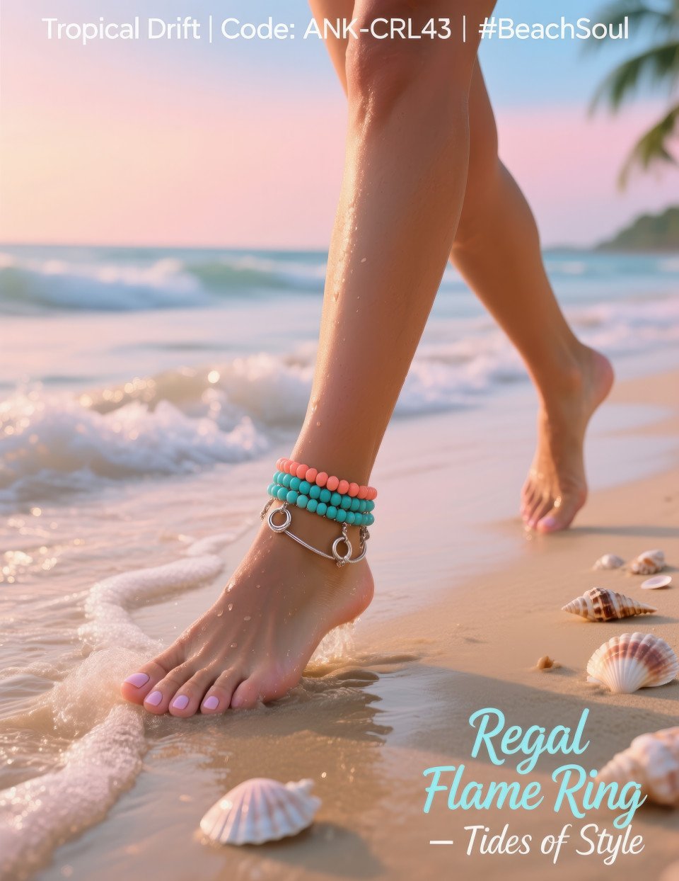 Woman walking barefoot on tropical beach waves with coral and turquoise anklet shining in morning light