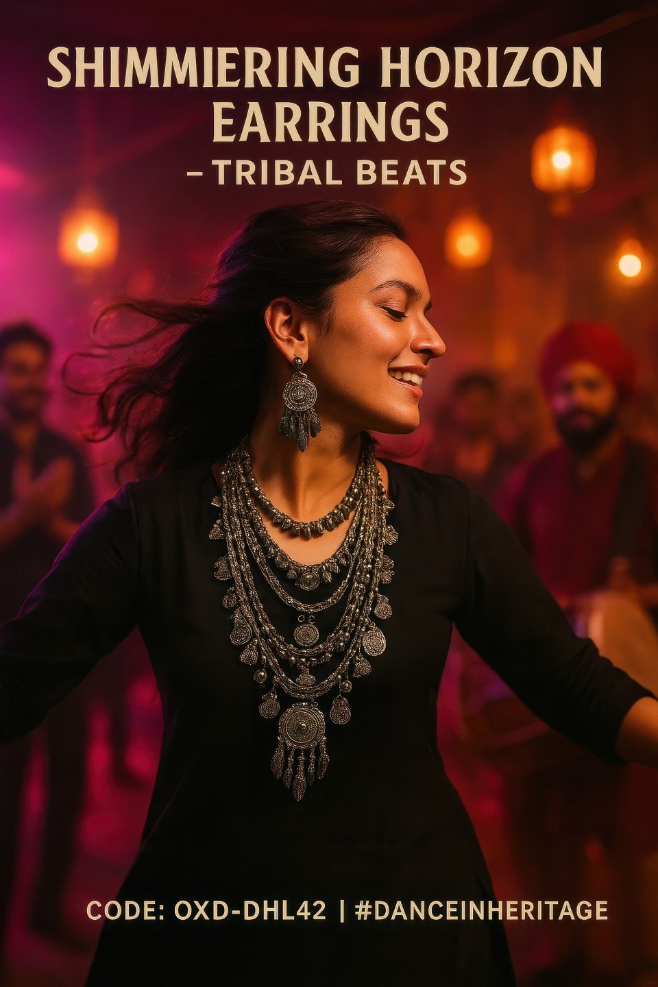 Woman dancing in punjabi dhol night wearing layered oxidized silver necklaces with festive lights and motion