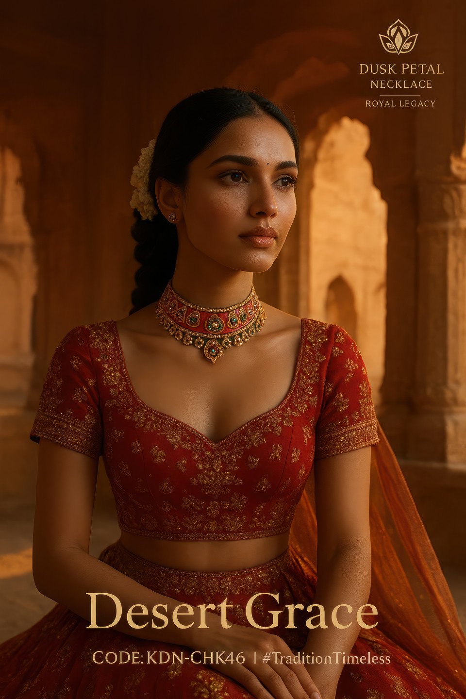 Woman in rajasthani lehenga wearing red green kundan choker in desert palace glow