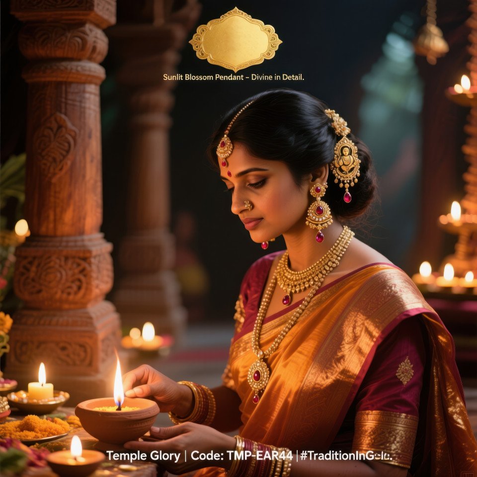 Bride lighting diya in temple wearing gold jhumka earrings with ruby drops and silk saree glow