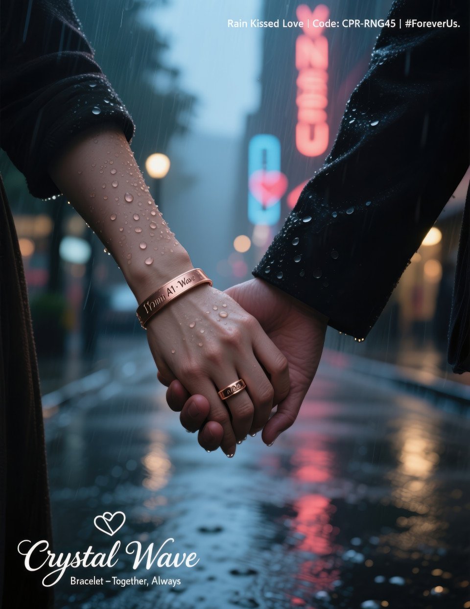Couple holding hands in rain with engraved rose gold rings