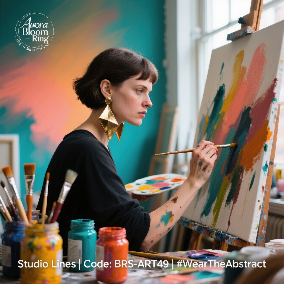 Woman artist painting canvas in studio wearing bold brass geometric earrings with creative vibe