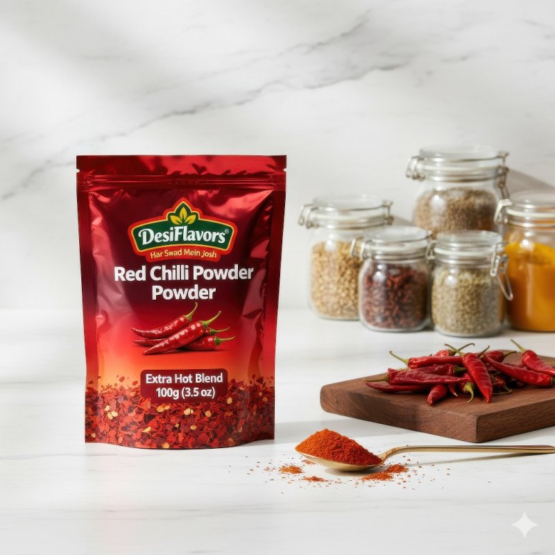 Red chili powder pouch on marble counter with spice jars